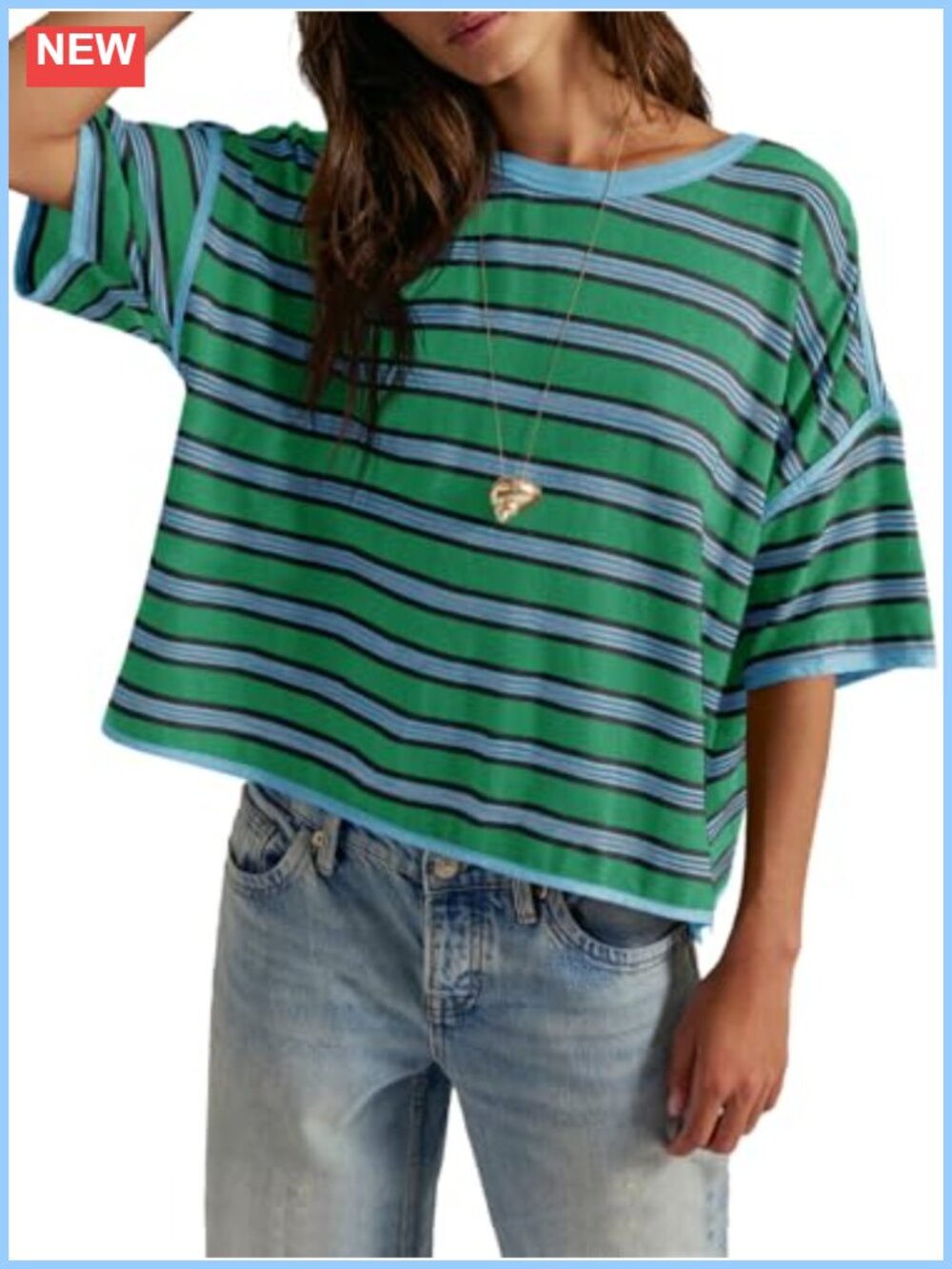 Oversized Striped Boxy Tee Short Sleeve Cotton Blend Crew Neck T-Shirt